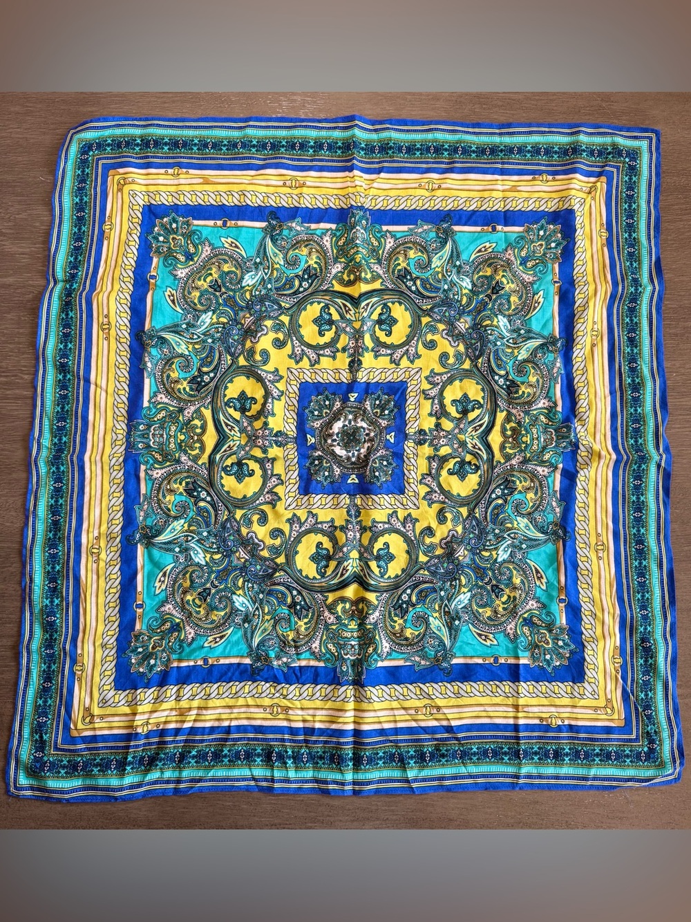Blue Yellow Print Square Scarf Tie Wrap